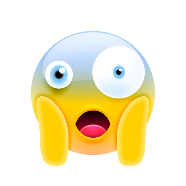 Loudly screaming emoji face, shocked emoticon in bad mood isolated scared  face expression. Vector frightened horror face expression crazy screaming  emoticon, shouting smiley with wide open mouth Stock Vector