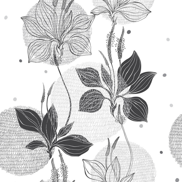 Seamless pattern with plantain and hand-drawn texture circles. Vector illustration - Vecteur, image