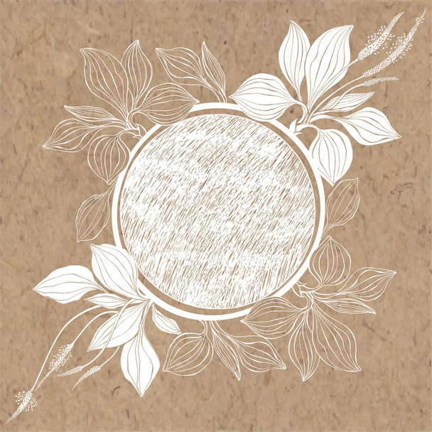 Floral background with plantain on craft paper. Vector round frame - Vektör, Görsel