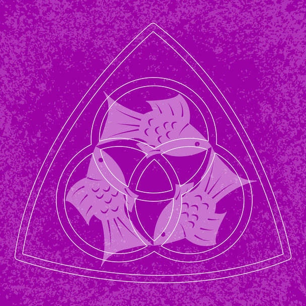 Domingo de Trinidad. Vacaciones cristianas. Tres peces, localizados simétricamente. Sobre un fondo grunge púrpura
 - Vector, imagen