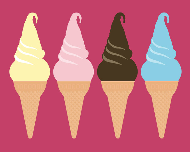 Ensemble d'illustrations vectorielles de crème glacée de différentes couleurs dans un cône, isolé sur un fond rouge
 - Vecteur, image