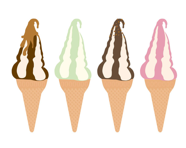 Набор векторных иллюстраций мороженого разных цветов в конусе, выделенных на белом фоне
 - Вектор,изображение