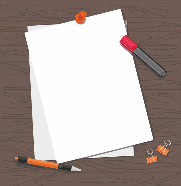  White paper with pen and marker on the table Vector Illustration - Vetor, Imagem
