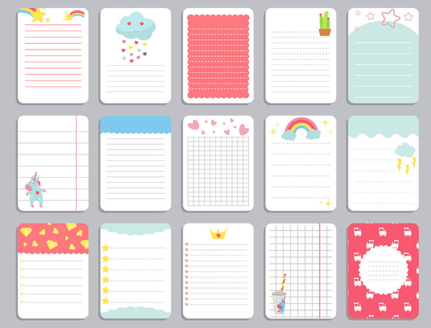 Kids notebook page template vector cards, notes, stickers, labels, tags paper sheet with unicorn illustrations. - Vektor, Bild