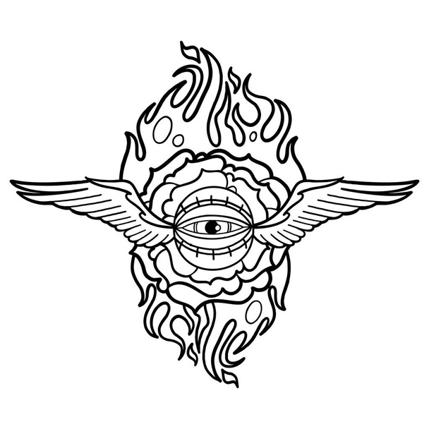 Graphic flaming flower and winged all-seeing eye - Vector, Image