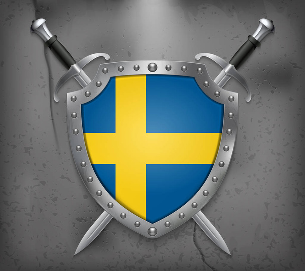 İsveç bayrağı. Ulusal bayrak ile kalkan. İki çapraz kılıç - Vektör, Görsel