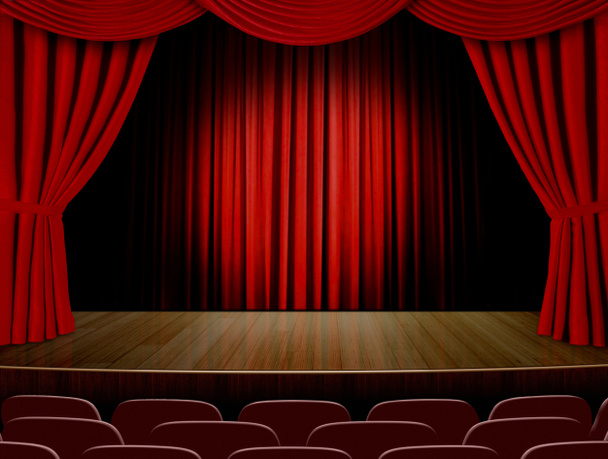 Theatervorhänge und rote Sitze - Foto, Bild