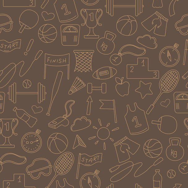 Seamless background on a theme sports and exercise, beige outline on a brown background - Vector, Image