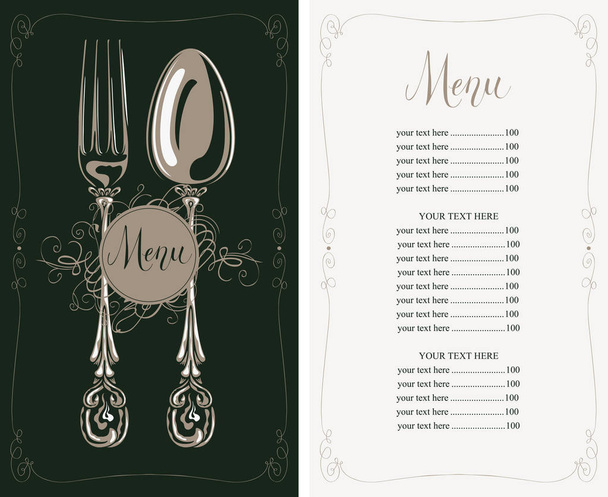 restaurant menu with price list, fork and spoon - Vector, imagen