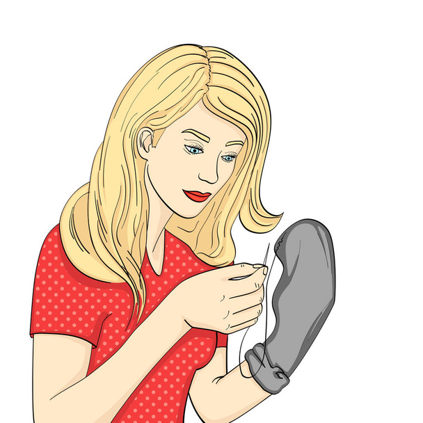 Απομονωμένο αντικείμενο σε φόντο λευκό σημείο. Νέοι, το κορίτσι ράβει mens μαύρο κάλτσες με μια βελόνα και κλωστή. Απομίμηση κωμικό στυλ - Διάνυσμα, εικόνα