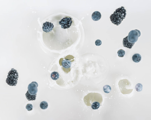 Blackberries and blueberries falling into milk on white background - Foto, imagen