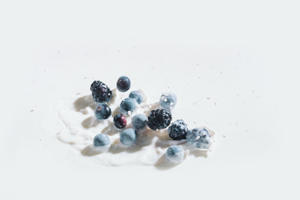 Juicy berries falling in milk with drops on white background - Fotografie, Obrázek