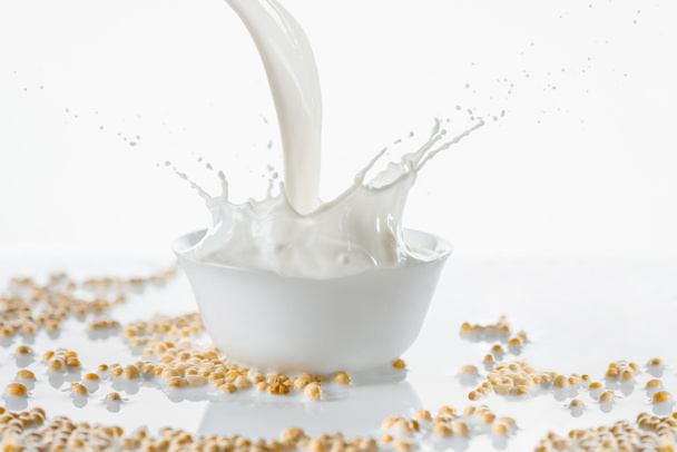 Milk pouring in white bowl with soybeans on white background - Zdjęcie, obraz