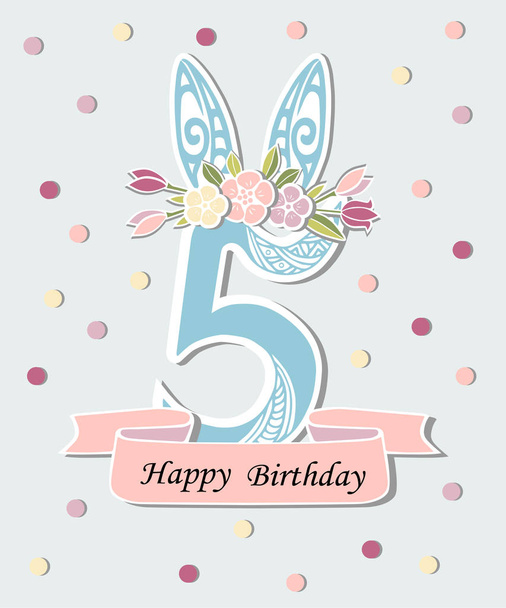 Vector illustration with number Five, Bunny ears and flower wreath. Template for Birthday, party invitation, greeting card, pet shop. Cute Number Five as fifth year anniversary logo, patch, sticker - Wektor, obraz