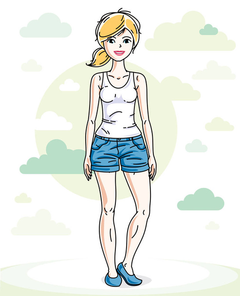 Happy young blonde woman posing on background with blue heavens clouds and wearing fashionable casual clothes.  - Vecteur, image