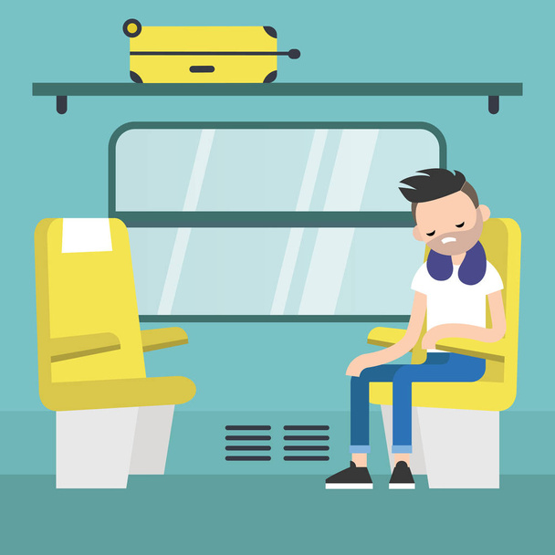 Young passenger sitting in the train compartment / editable flat - Vector, imagen