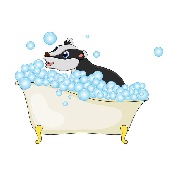 Cartoon badger in bathtub witth bubbles isolated on white backgr - Vector, Image