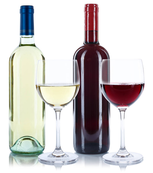 Red and white wine bottles beverage glasses isolated - Zdjęcie, obraz