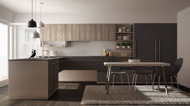 Современная минималистичная деревянная кухня с обеденным столом, ковровым покрытием и панорамным окном, дизайном интерьера белого и серого цветов
 - Фото, изображение