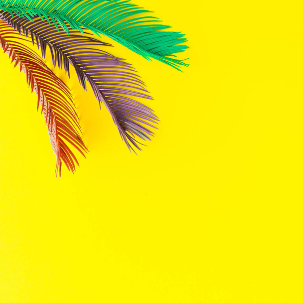 Tropische geschilderd en palm bladeren in levendige felle kleuren. Concept art. Minimale zomer kleurrijke achtergrond. - Foto, afbeelding