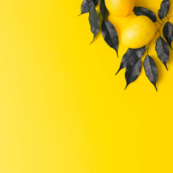 kreatives Sommermuster aus Zitronen und schwarzen Blättern auf gelbem Hintergrund. Fruchtminimalkonzept. flache Lage. - Foto, Bild