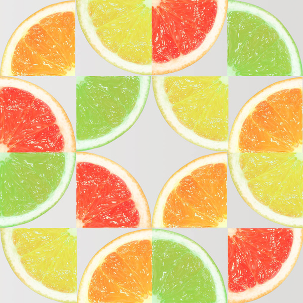 Segmenten van de sinaasappel, citroen, grapefruit en limoen op een lichte achtergrond. Minimale zomer concept. Plat leggen. - Foto, afbeelding