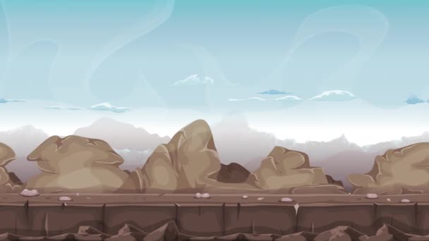 Кам'яні скелі Пустеля Пейзаж Анімація/ Безшовна анімація мультяшних пустельних каменів, скель та валунів пейзаж, з шарами для паралаксу та високих гір діапазону фону для гри Ui
 - Кадри, відео