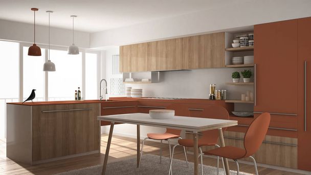 Moderna cocina minimalista de madera con mesa de comedor, alfombra y ventana panorámica, diseño interior de arquitectura blanca y roja
 - Foto, Imagen