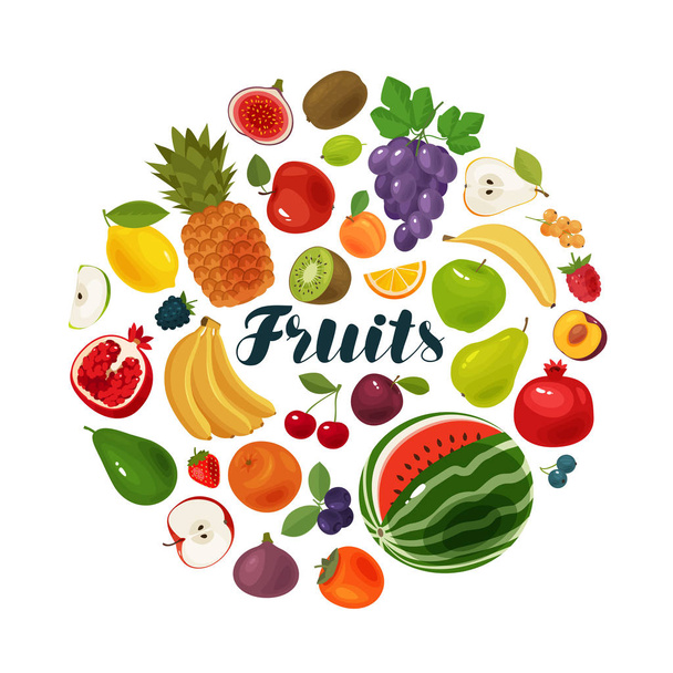 Frutas e bagas. Alimentação natural, ícones da agricultura. Desenhos animados ilustração vetorial
 - Vetor, Imagem