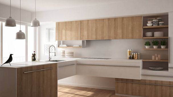 Moderna cocina minimalista de madera con suelo de parquet, alfombra y ventana panorámica, diseño interior de arquitectura blanca
 - Foto, imagen