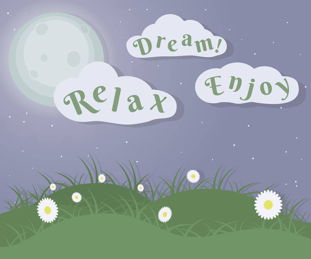 Banner wallpaper about a perfect night spring with flowers, grass, clouds, stars and moon. Relax, enjoy and dream. EPS 10 Vector Illustration. - Vector, Image