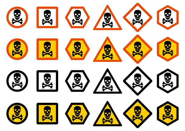 Ágazati koncepción. Készlet-ból különböző figyelmeztető jelek: kémiai, radioaktív, veszélyes, mérgező, mérgező veszély. Veszélyességi jele koponya és csontok. Vektoros illusztráció. - Vektor, kép