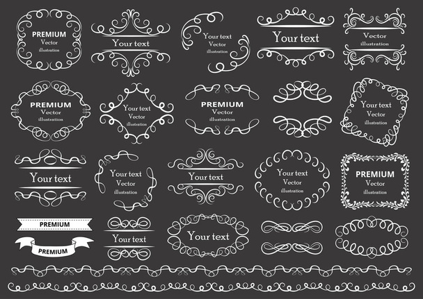 Kalligrafische Designelemente. Dekorative Strudel oder Schriftrollen, Vintage-Rahmen, Blüten, Etiketten und Trennwände. Retro-Vektor-Illustration - Vektor, Bild