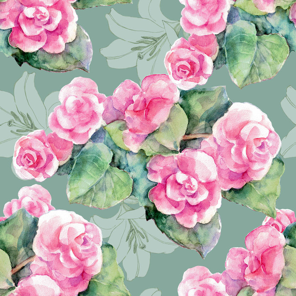 Watercolor pink begonia with graphic lily. Seamless pattern on a green background. - Photo, Image