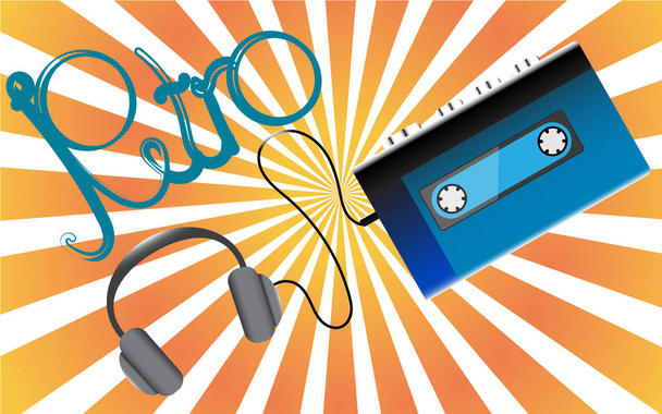Azul viejo retro vintage hipster realista voluminoso reproductor de audio cassette de música portátil para audiocassettes de los años 80, 90 y auriculares sobre un fondo de rayos amarillos. Ilustración vectorial
 - Vector, Imagen