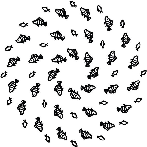 vektorové a černé plovoucí ryby v úhlu dvou vzor v kruhu, vektorové a černé plovoucí ryby v úhlu dvou vzor v kruhu na bílém pozadí - Vektor, obrázek