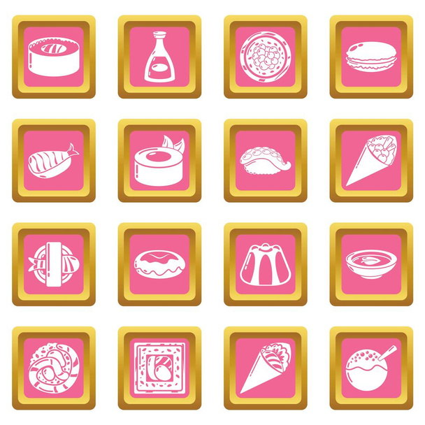 Japan food icons set pink square vector - ベクター画像