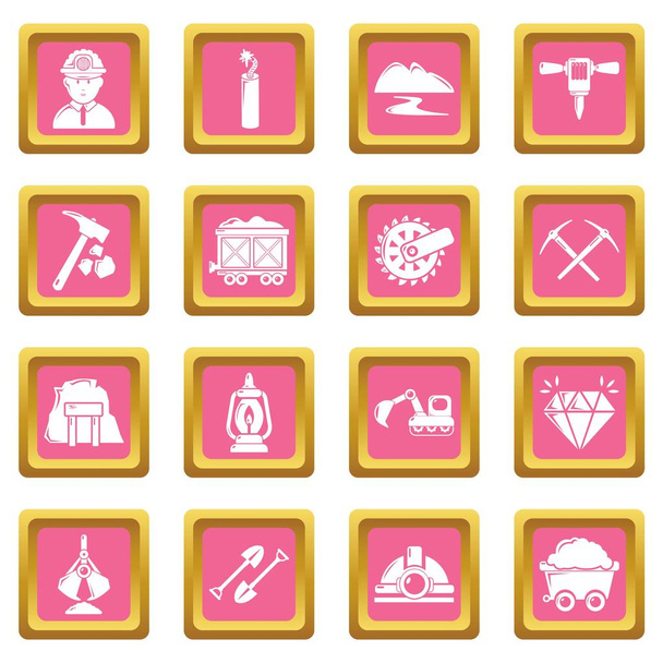 Mining minerals business icons set pink square vector - Вектор, зображення