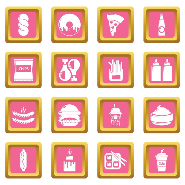 Fast food icons set pink square vector - Vetor, Imagem