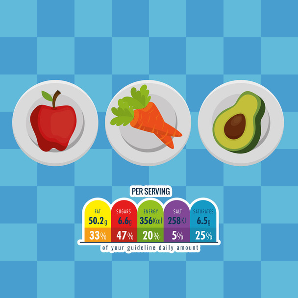 fruits and vegetables group with nutrition facts - Vector, Image