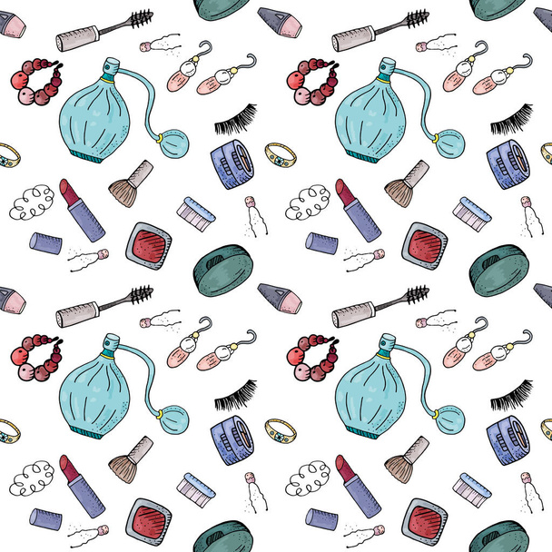 Seamless pattern with cosmetics, makeup. Endless texture with  fashion theme. - Vector, Image