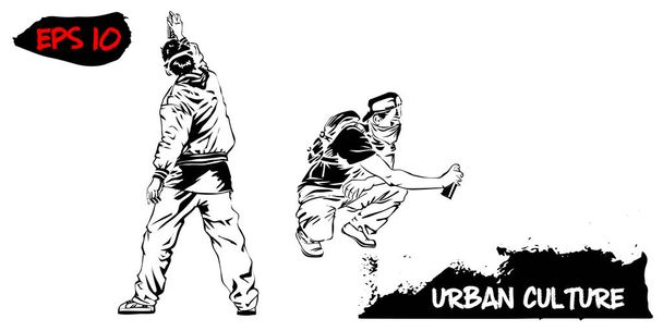 Illustration mit Vertretern der Stadtkultur. Zwei Graffiti-Künstler isoliert auf weißem Hintergrund. Extremes Thema moderner Druck. - Vektor, Bild