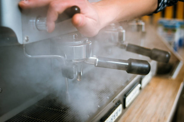 coffee machine steaming brewing hot beverage - Fotoğraf, Görsel