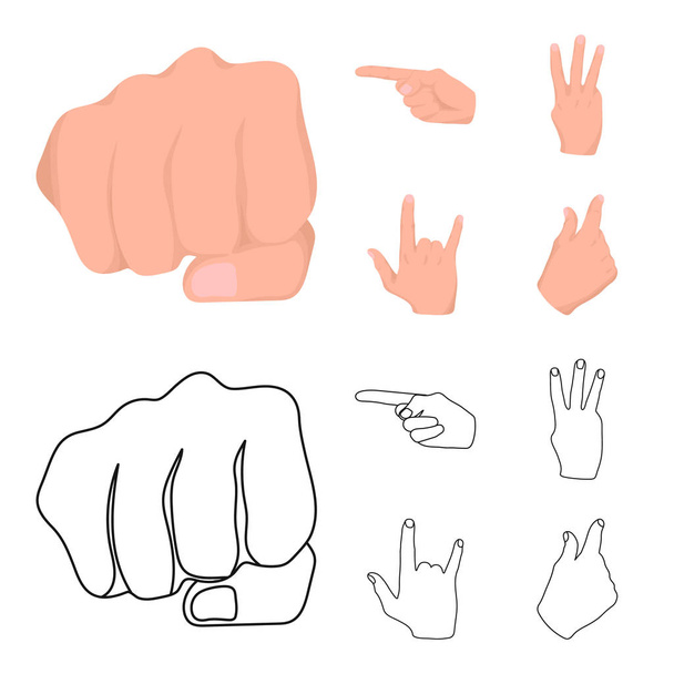Puño cerrado, índice y otros gestos. Los gestos de la mano establecen iconos de colección en dibujos animados, contorno estilo vector símbolo stock ilustración web
. - Vector, imagen