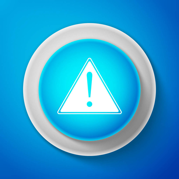 青の背景に分離された三角形のアイコンでは白の感嘆符。危険警告標識、注意、注意、危険の警告の重要なサイン。白い線と青い丸ボタン。ベクトル図 - ベクター画像