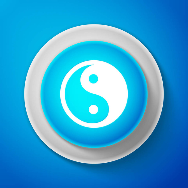 White Yin Yang symbol of harmony and balance icon isolated on blue background. Circle blue button with white line. Vector Illustration - Wektor, obraz