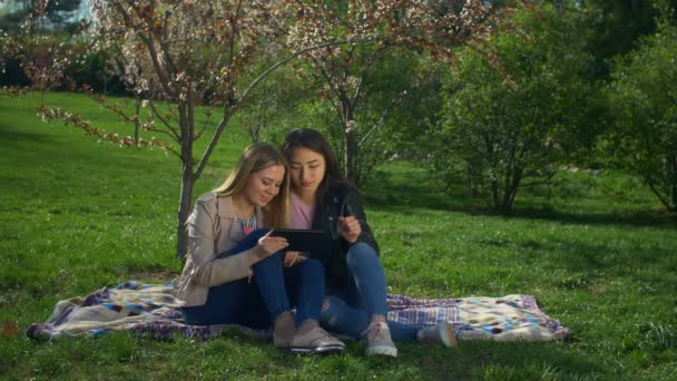 Beztroski wieloetnicznym kobiet z komputera typu tablet na trawniku park - Materiał filmowy, wideo