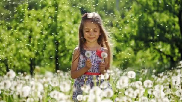 Portrét dívky v zahradě s pampelišky s úsměvem - Záběry, video