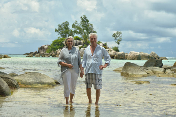 feliz casal de idosos andando na praia tropical
  - Foto, Imagem