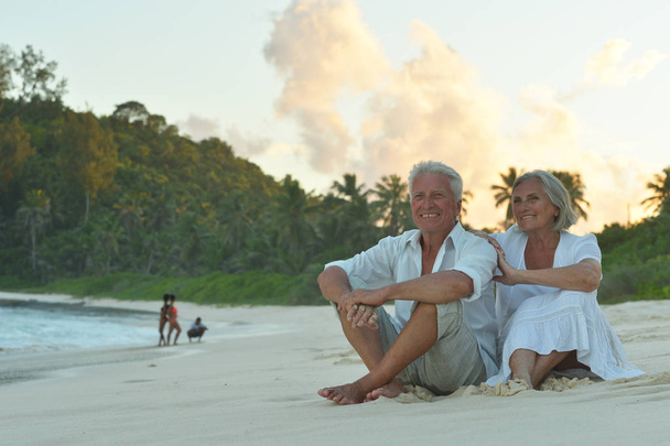 Happy elderly couple sitting on tropical  beach  - Zdjęcie, obraz
